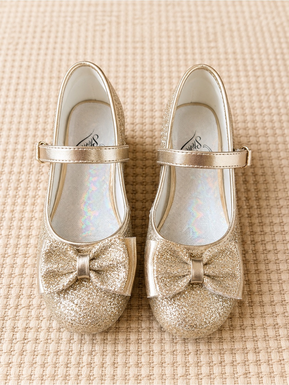 Stelle Girls Gold Glitter Mary Jane Dress Shoes Bow Flats Size 13